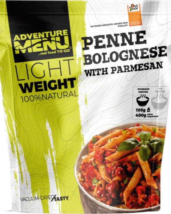 Adventure Menu Penne s Boloňskou omáčkou a parmesánem 105 g (400 g finálního jídla) Užívej si na cestách minimim váhy a maximum chuti ✅  Kuchaři od základu poctivě uvařené jídlo ze 100% přírodních surovin