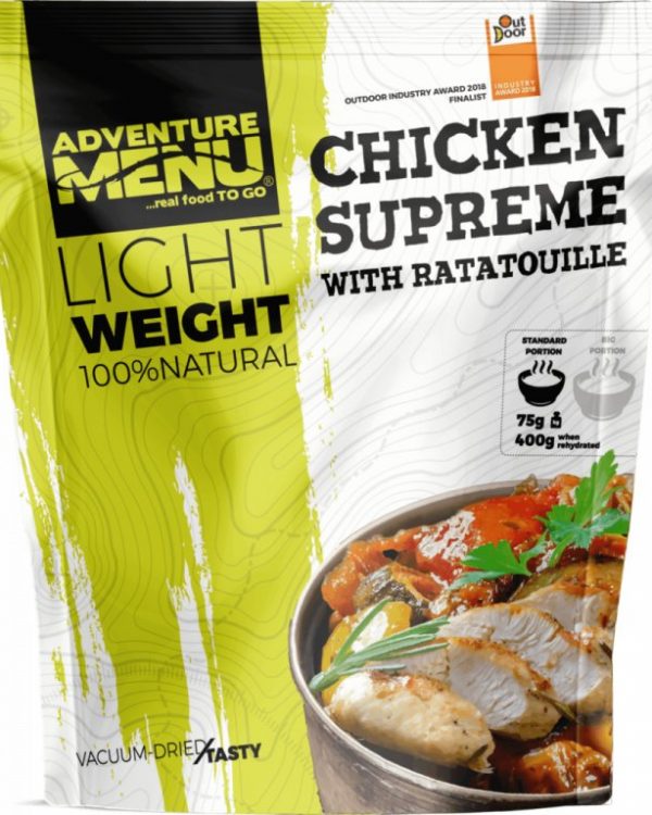 Adventure Menu Kuřecí supreme s ratatouille 75 g (400 g finálního jídla) Užívej si na cestách minimim váhy a maximum chuti ✅  Kuchaři od základu poctivě uvařené jídlo ze 100% přírodních surovin