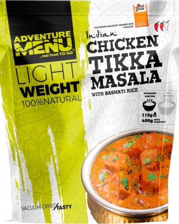 Adventure Menu Kuře Tikka Masala s řýží basmati 181 g (600 g finálního jídla) Užívej si na cestách minimim váhy a maximum chuti ✅  Kuchaři od základu poctivě uvařené jídlo ze 100% přírodních surovin