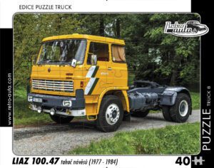 puzzle Truck Liaz100.47 tahač návěsů-40 dílků PUZZLE TRUCK 08 - LIAZ 100.47 TAHAČ NÁVĚSŮ (1977 - 1984) 40 DÍLKŮ   Rozměry deskového puzzle: 37 cm x 29 cm Materiál: originál puzzle lepenka o síle 2 mm Rozměry balení: 37 cm x 29 cm Rozměry jednotlivých dílků: cca 4 x 5 cm Počet dílků: 40   Nevhodné pro děti do 3 let!!!  Sběratelská série EDICE RETRO-AUTA -TRUCK. Puzzle z této edice jsou nejen ideálním dárkem pro všechny automobilové nadšence