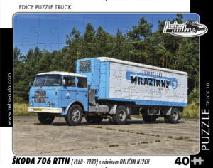 puzzle Truck Škoda 706 RTTN s návěsěm Orličan N12CH-dílků PUZZLE TRUCK 10 - ŠKODA 706 RTTN (1960 - 1980) S NÁVĚSEM ORLIČAN N12CH 40 DÍLKŮ   Rozměry deskového puzzle: 37 cm x 29 cm Materiál: originál puzzle lepenka o síle 2 mm Rozměry balení: 37 cm x 29 cm Rozměry jednotlivých dílků: cca 4 x 5 cm Počet dílků: 40   Nevhodné pro děti do 3 let!!!  Sběratelská série EDICE RETRO-AUTA -TRUCK. Puzzle z této edice jsou nejen ideálním dárkem pro všechny automobilové nadšence