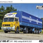 puzzle Truck Liaz 100.47 s návěsem BSS NV-40 dílků PUZZLE TRUCK 16 - LIAZ 100.47 (1977 - 1984) S NÁVĚSEM BSS NV 31.23.22   Rozměry deskového puzzle: 37 cm x 29 cm Materiál: originál puzzle lepenka o síle 2 mm Rozměry balení: 37 cm x 29 cm Rozměry jednotlivých dílků: cca 4 x 5 cm Počet dílků: 40   Nevhodné pro děti do 3 let!!!  Sběratelská série EDICE RETRO-AUTA -TRUCK. Puzzle z této edice jsou nejen ideálním dárkem pro všechny automobilové nadšence