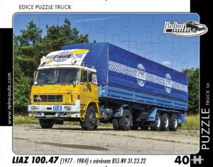 puzzle Truck Liaz 100.47 s návěsem BSS NV-40 dílků PUZZLE TRUCK 16 - LIAZ 100.47 (1977 - 1984) S NÁVĚSEM BSS NV 31.23.22   Rozměry deskového puzzle: 37 cm x 29 cm Materiál: originál puzzle lepenka o síle 2 mm Rozměry balení: 37 cm x 29 cm Rozměry jednotlivých dílků: cca 4 x 5 cm Počet dílků: 40   Nevhodné pro děti do 3 let!!!  Sběratelská série EDICE RETRO-AUTA -TRUCK. Puzzle z této edice jsou nejen ideálním dárkem pro všechny automobilové nadšence