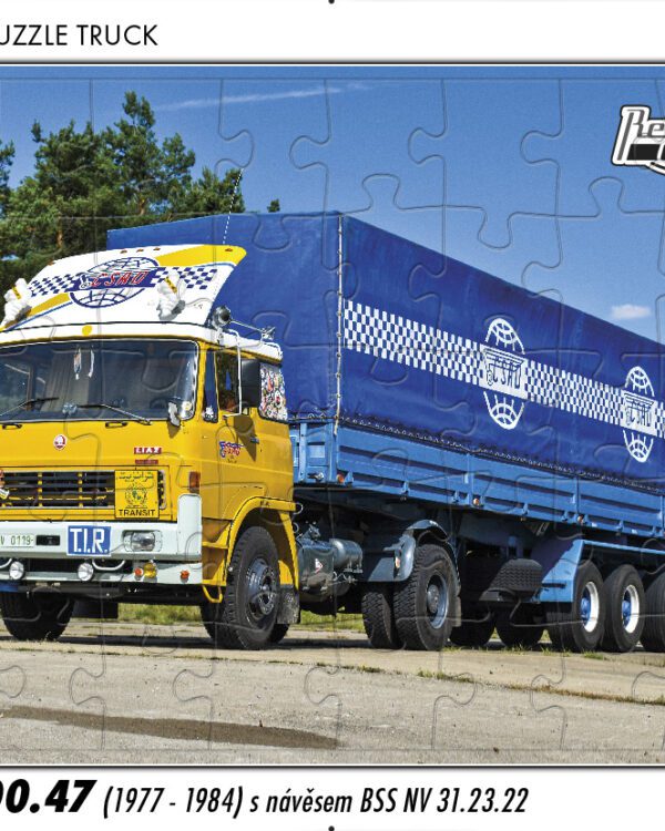 puzzle Truck Liaz 100.47 s návěsem BSS NV-40 dílků PUZZLE TRUCK 16 - LIAZ 100.47 (1977 - 1984) S NÁVĚSEM BSS NV 31.23.22   Rozměry deskového puzzle: 37 cm x 29 cm Materiál: originál puzzle lepenka o síle 2 mm Rozměry balení: 37 cm x 29 cm Rozměry jednotlivých dílků: cca 4 x 5 cm Počet dílků: 40   Nevhodné pro děti do 3 let!!!  Sběratelská série EDICE RETRO-AUTA -TRUCK. Puzzle z této edice jsou nejen ideálním dárkem pro všechny automobilové nadšence