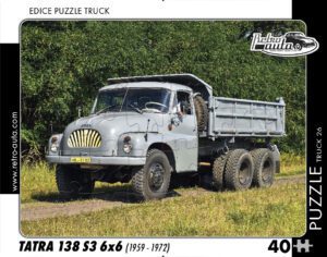 puzzle Truck Tatra 138 S3 6x6-40 dílků PUZZLE TRUCK 26 - TATRA 138 S3 6X6 (1959 - 1972) 40 DÍLKŮ   Rozměry deskového puzzle: 37 cm x 29 cm Materiál: originál puzzle lepenka o síle 2 mm Rozměry balení: 37 cm x 29 cm Rozměry jednotlivých dílků: cca 4 x 5 cm Počet dílků: 40   Nevhodné pro děti do 3 let!!!  Sběratelská série EDICE RETRO-AUTA -TRUCK. Puzzle z této edice jsou nejen ideálním dárkem pro všechny automobilové nadšence