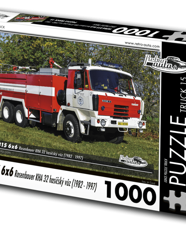 puzzle truck Tatra 815 6x6 Rosenbauer KHA 32 hasičský vůz-1000 dílků PUZZLE TRUCK 15 - TATRA 815 6X6 ROSENBAUER KHA 32 HASIČSKÝ VŮZ (1982 - 1997) 1000 DÍLKŮ   Rozměry složeného puzzle: 660 x 470 mm Materiál: originál puzzle lepenka o síle 1