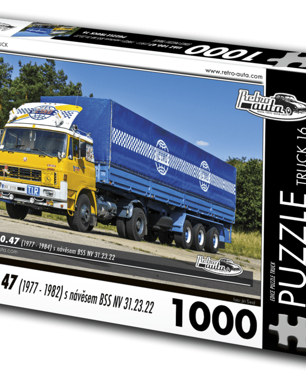 puzzle truck Liaz 100.47 s návěsem BSS NV 31.23.22-1000 dílků PUZZLE TRUCK 16 - LIAZ 100.47 (1977 - 1982) S NÁVĚSEM BSS NV 31.23.22 1000 DÍLKŮ   Rozměry složeného puzzle: 660 x 470 mm Materiál: originál puzzle lepenka o síle 1