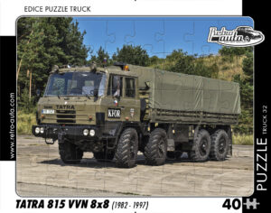 puzzle Truck Tatra 815 VVN 8x8 (1982-1997)-40 dílků Rozměry deskového puzzle: 37 cm x 29 cm Materiál: originál puzzle lepenka o síle 2 mm Rozměry balení:37 cm x 29 cm Rozměry jednotlivých dílků: cca 4 x 5 cm Počet dílků:40 Nevhodné pro děti do 3 let!!!   Sběratelská série EDICE RETRO-AUTA -TRUCK. Puzzle z této edice jsou nejen ideálním dárkem pro všechny automobilové nadšence