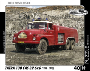 puzzle Truck Tatra 138 CAS 32 6x6 (1959-1972)-40 dílků Rozměry deskového puzzle: 37 cm x 29 cm Materiál: originál puzzle lepenka o síle 2 mm Rozměry balení:37 cm x 29 cm Rozměry jednotlivých dílků: cca 4 x 5 cm Počet dílků:40 Nevhodné pro děti do 3 let!!!   Sběratelská série EDICE RETRO-AUTA -TRUCK. Puzzle z této edice jsou nejen ideálním dárkem pro všechny automobilové nadšence