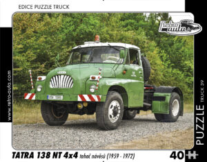 puzzle Truck Tatra 138 NT 4x4 tahač návěsů (1959-1972)-40 dílků Rozměry deskového puzzle: 37 cm x 29 cm Materiál: originál puzzle lepenka o síle 2 mm Rozměry balení:37 cm x 29 cm Rozměry jednotlivých dílků: cca 4 x 5 cm Počet dílků:40 Nevhodné pro děti do 3 let!!!   Sběratelská série EDICE RETRO-AUTA -TRUCK. Puzzle z této edice jsou nejen ideálním dárkem pro všechny automobilové nadšence