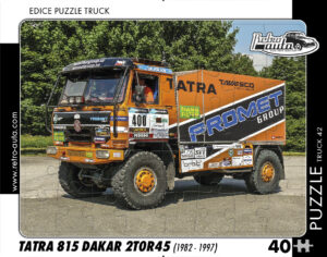 puzzle Truck Tatra 815 Dakar 2T0R45 (1982-1997)-40 dílků Rozměry deskového puzzle: 37 cm x 29 cm Materiál: originál puzzle lepenka o síle 2 mm Rozměry balení:37 cm x 29 cm Rozměry jednotlivých dílků: cca 4 x 5 cm Počet dílků:40 Nevhodné pro děti do 3 let!!!   Sběratelská série EDICE RETRO-AUTA -TRUCK. Puzzle z této edice jsou nejen ideálním dárkem pro všechny automobilové nadšence