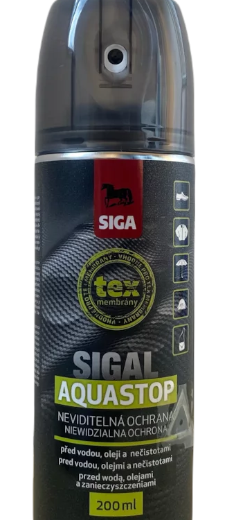 impregnace Siga Aquastop/200ml Univerzální impregnace vhodná pro Tex-membrány  Ošetřující a ochranná směs na bázi FC-chemikálií vytváří po nástřiku tenký film